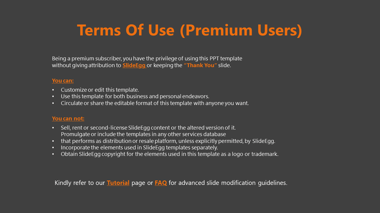 Dark themed terms of use slide with white text, title and highlights in orange, for permissions and restrictions.