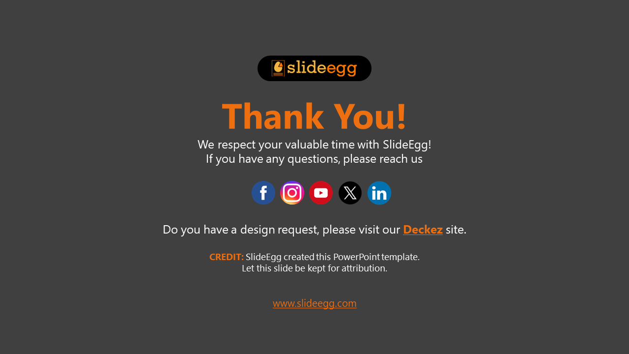 Dark themed thank you slide with an orange and white text layout, social media icons, and a centered logo at the top.