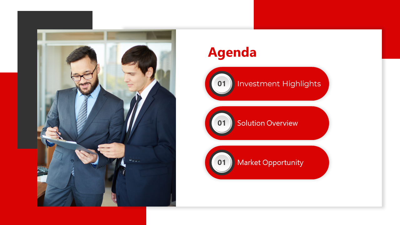 Slide with a red and white theme, featuring two men in suits discussing a document alongside an agenda list.