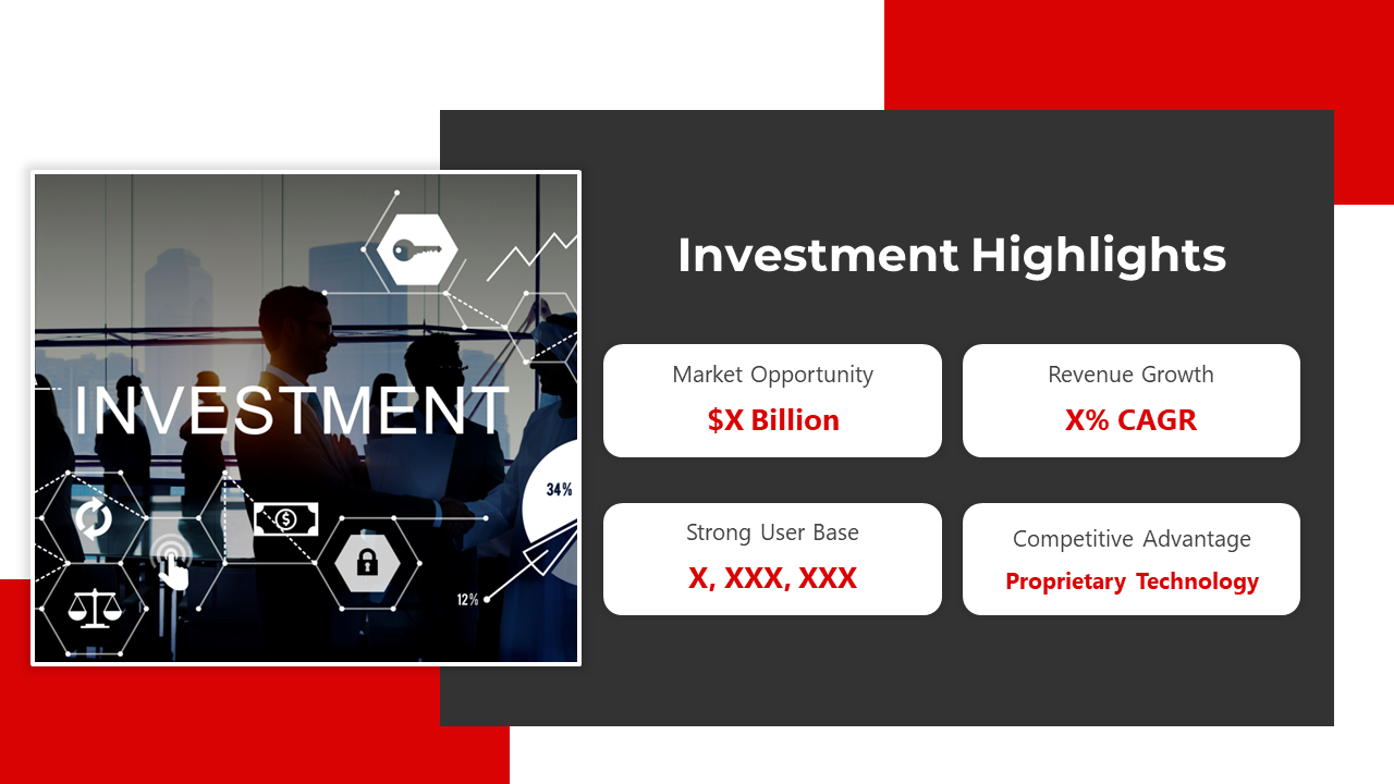 Investment slide with a black, red, and white layout, featuring business silhouettes overlaid with hexagonal financial icons.