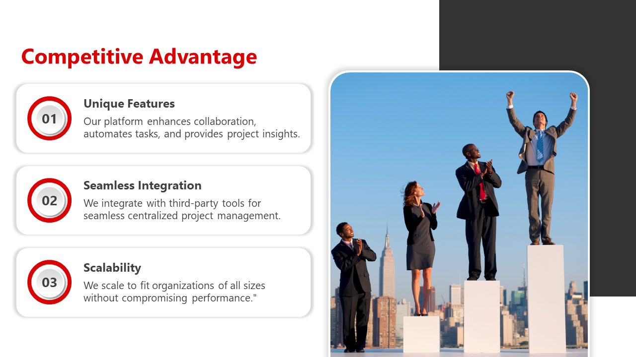 Slide featuring three white boxes with red circular icons, and an image of professionals on podiums against a cityscape.