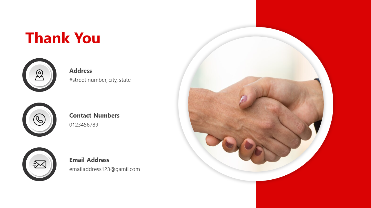Thank you slide with contact details on the left and a handshake image on the right, featuring red and white color scheme.