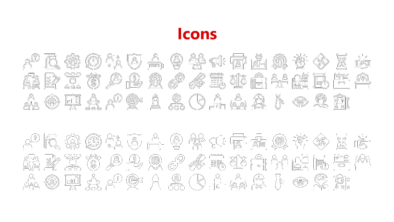Slide with a red heading, presenting two sets of business and strategy icons in outline and filled styles.