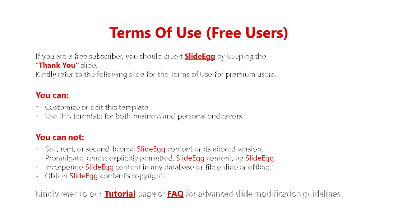 White background slide with structured black text, red subheadings, and bullet points explaining terms for free users.