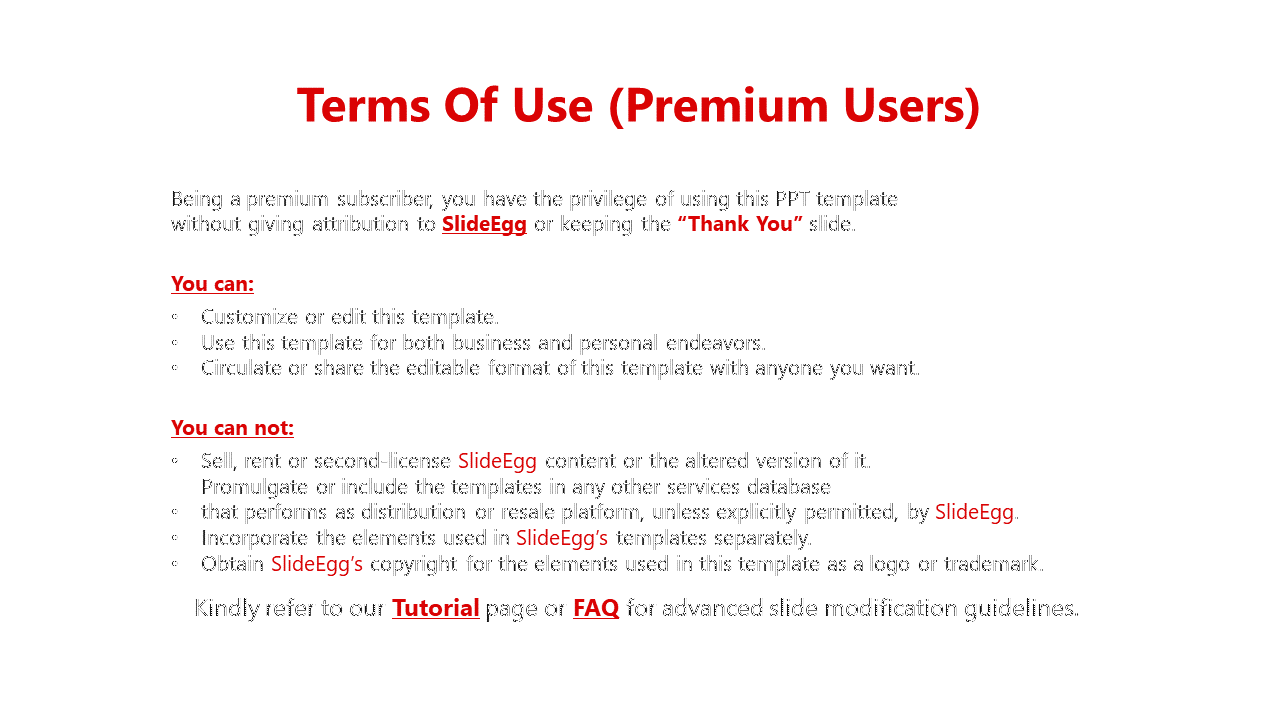 White background slide with structured black text, red subheadings, and bullet points explaining terms for premium users.