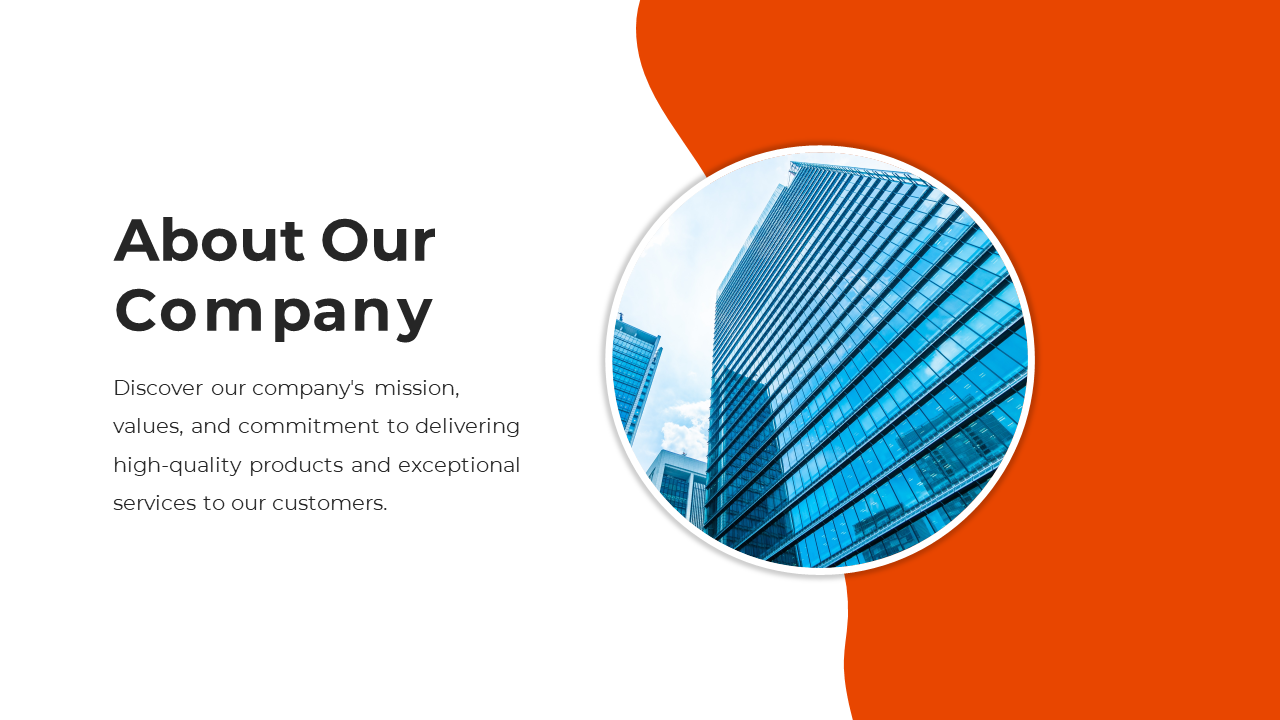 About our company slide with a bold title, a circular blue skyscraper image, on a modern white and orange curved background.