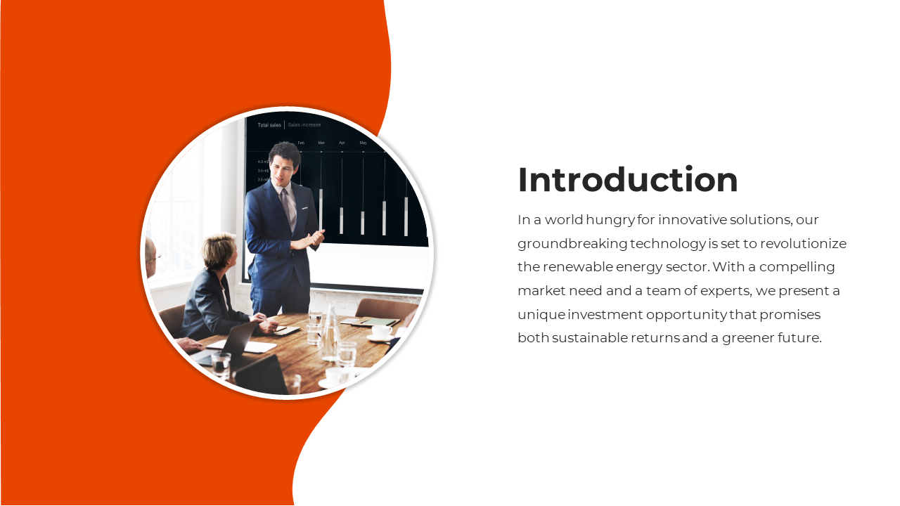 Introduction slide with a circular business meeting image, bold title, and text on a white and orange curved background.