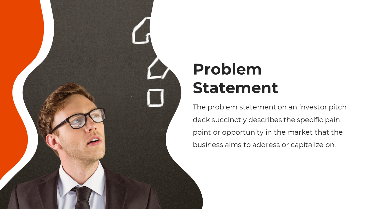 Problem statement slide with a man in a suit looking up at chalk drawn question marks on an orange and gray curve, and text.