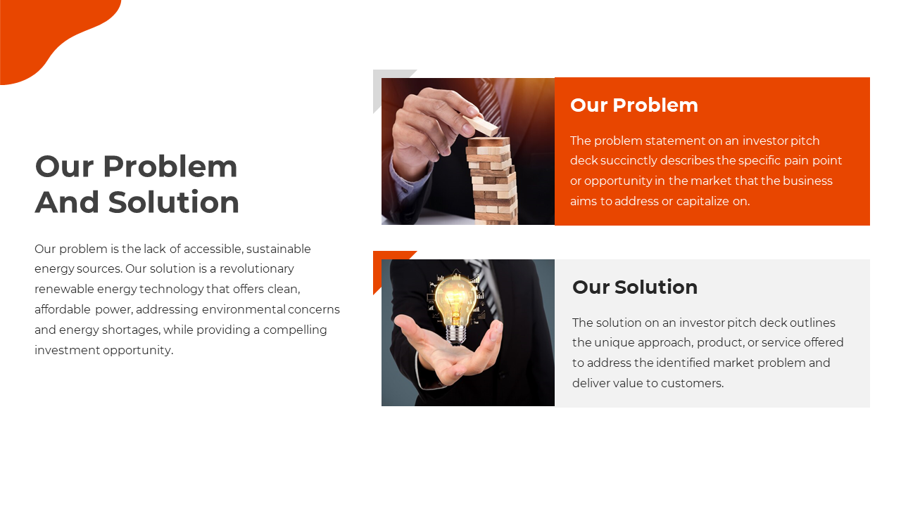 Slide with bold title and two images with orange and gray sections highlighting a business problem and its solution.