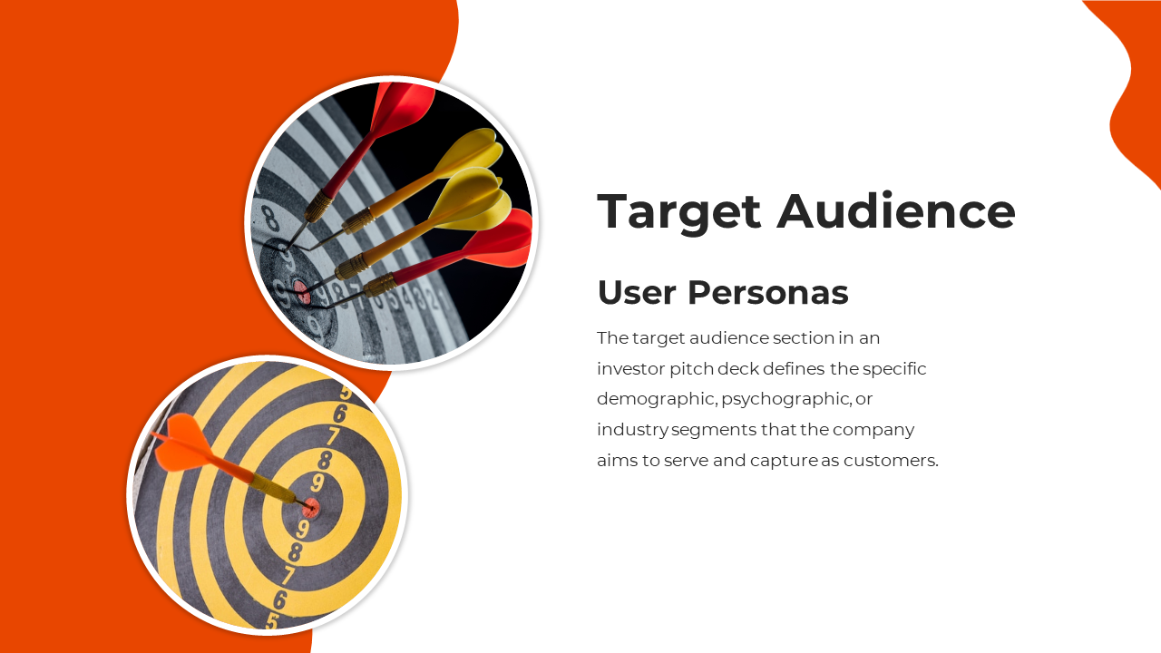 Target audience slide with black text on the right, two circular dartboard images, on an orange and white curved design.