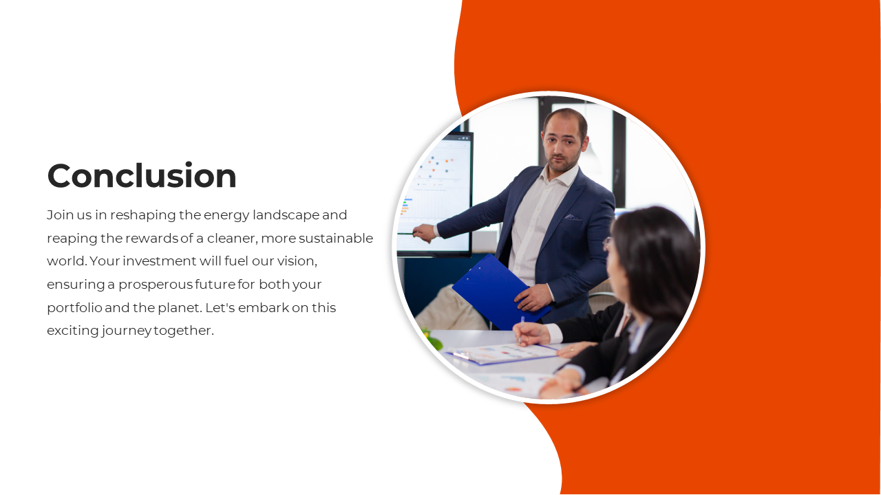 Conclusion slide with text on a white background, and a circular business meeting image, on an orange curved design element.