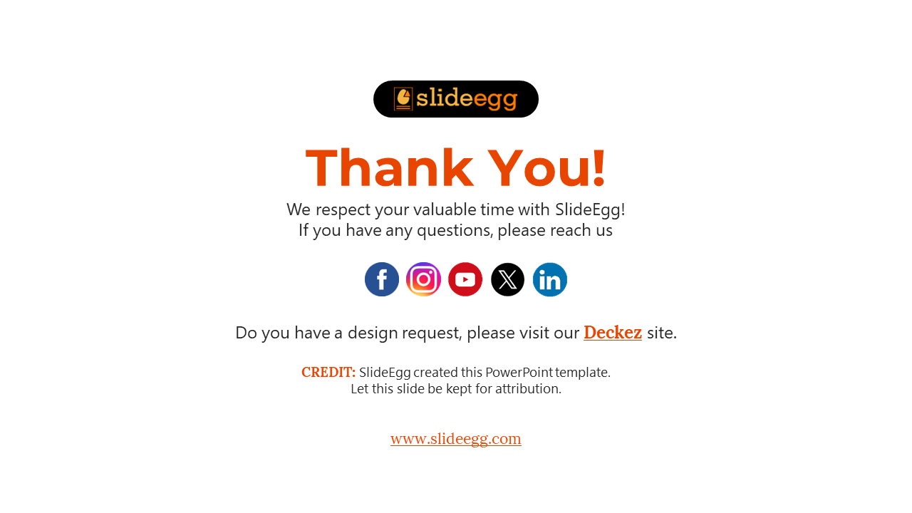 Thank you slide with an orange and black theme, rounded social icons, and a centered text layout on a white background.