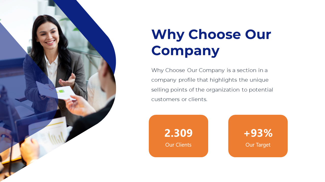 Slide with a blue abstract shape, featuring a professional meeting photo on the left and two orange statistic boxes.