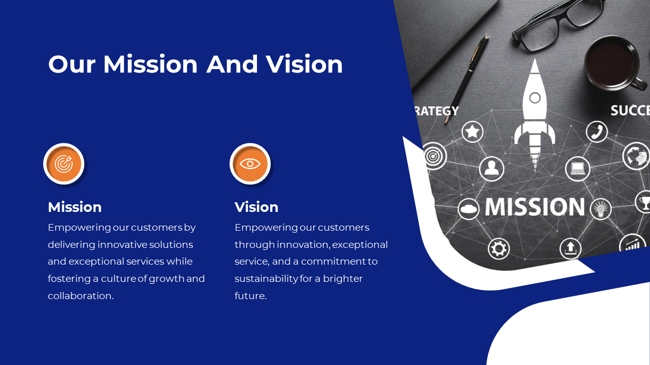 Slide with a dark blue section featuring two orange icons, and a grayscale image featuring a rocket and network lines.