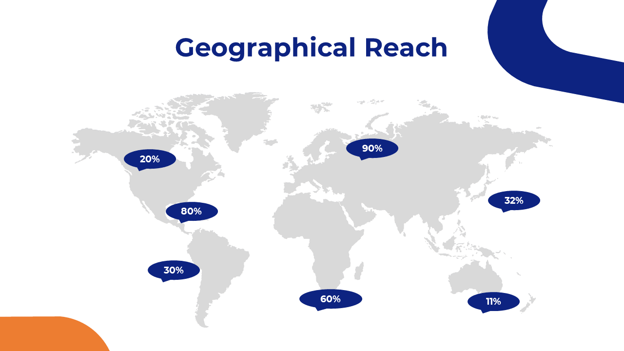 Geographical reach slide with a gray world map and seven dark blue percentage markers on various continents.