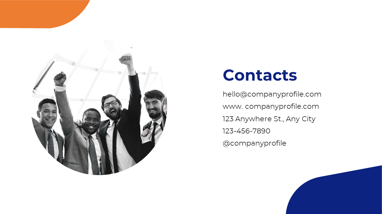 White slide with a circular black and white image of a happy business team and contact details in blue text on the right.
