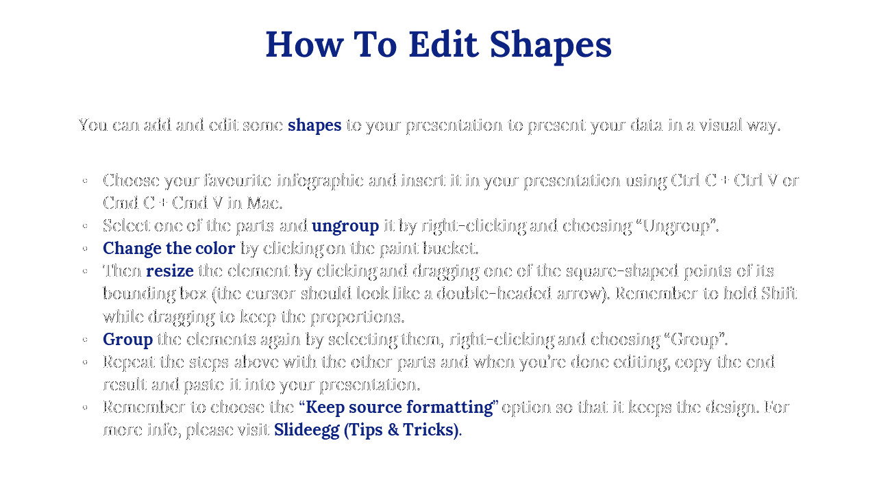 White background with a bold title, black bullet points detailing steps to edit shapes, and blue highlighted keywords.