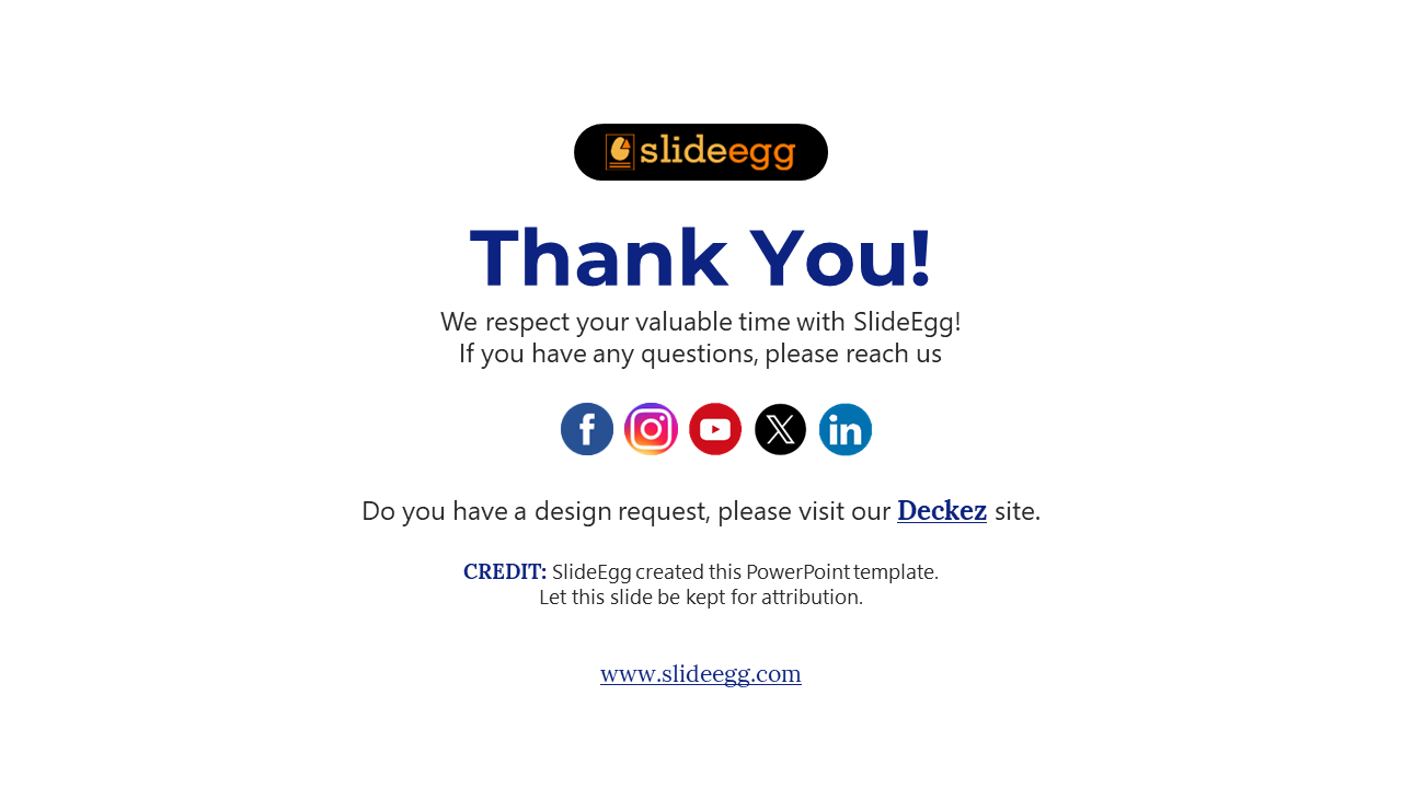 Thank you slide with a centered blue text, black and orange logo, social icons in circles, and a website link below.