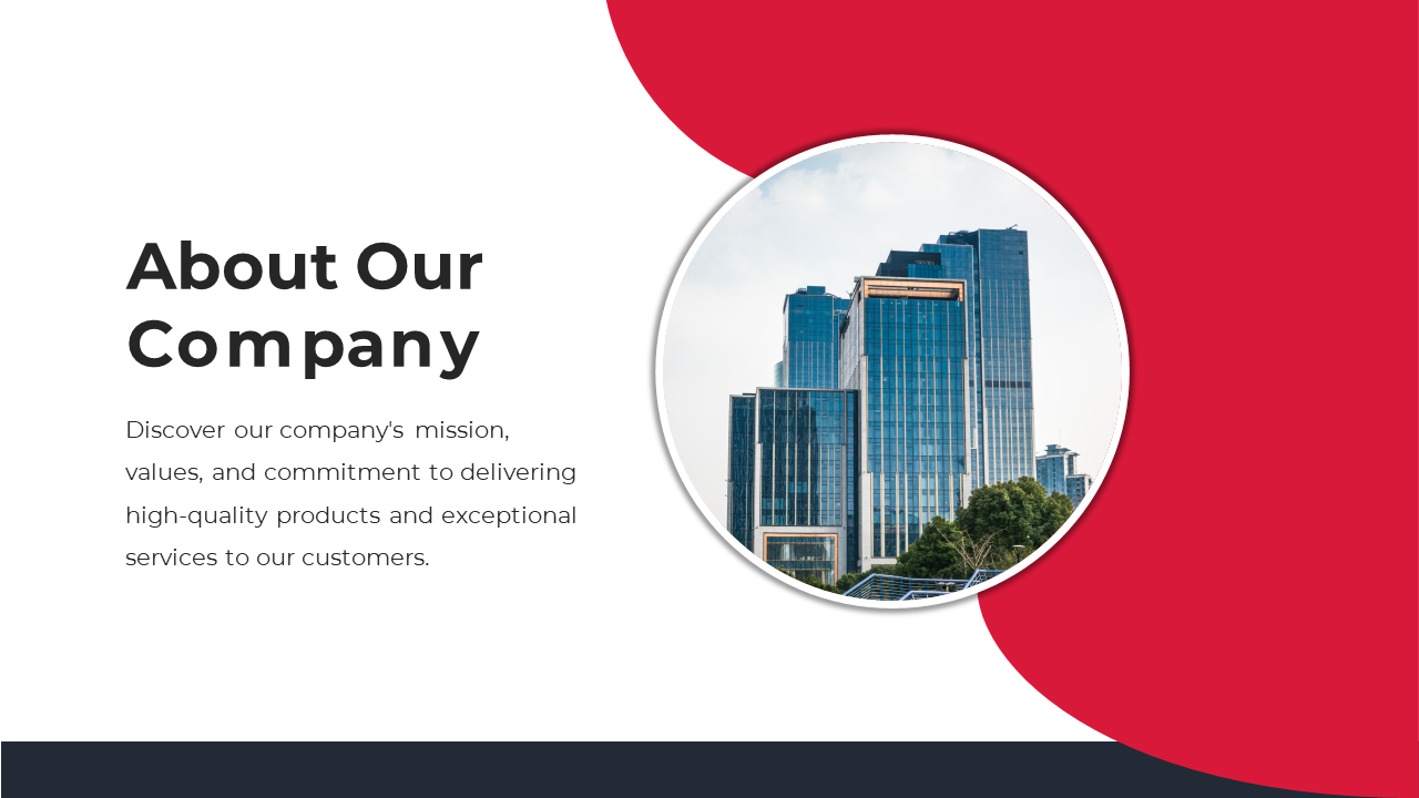 Company overview slide with a red and white layout, featuring heading, and a circular image of modern office buildings.