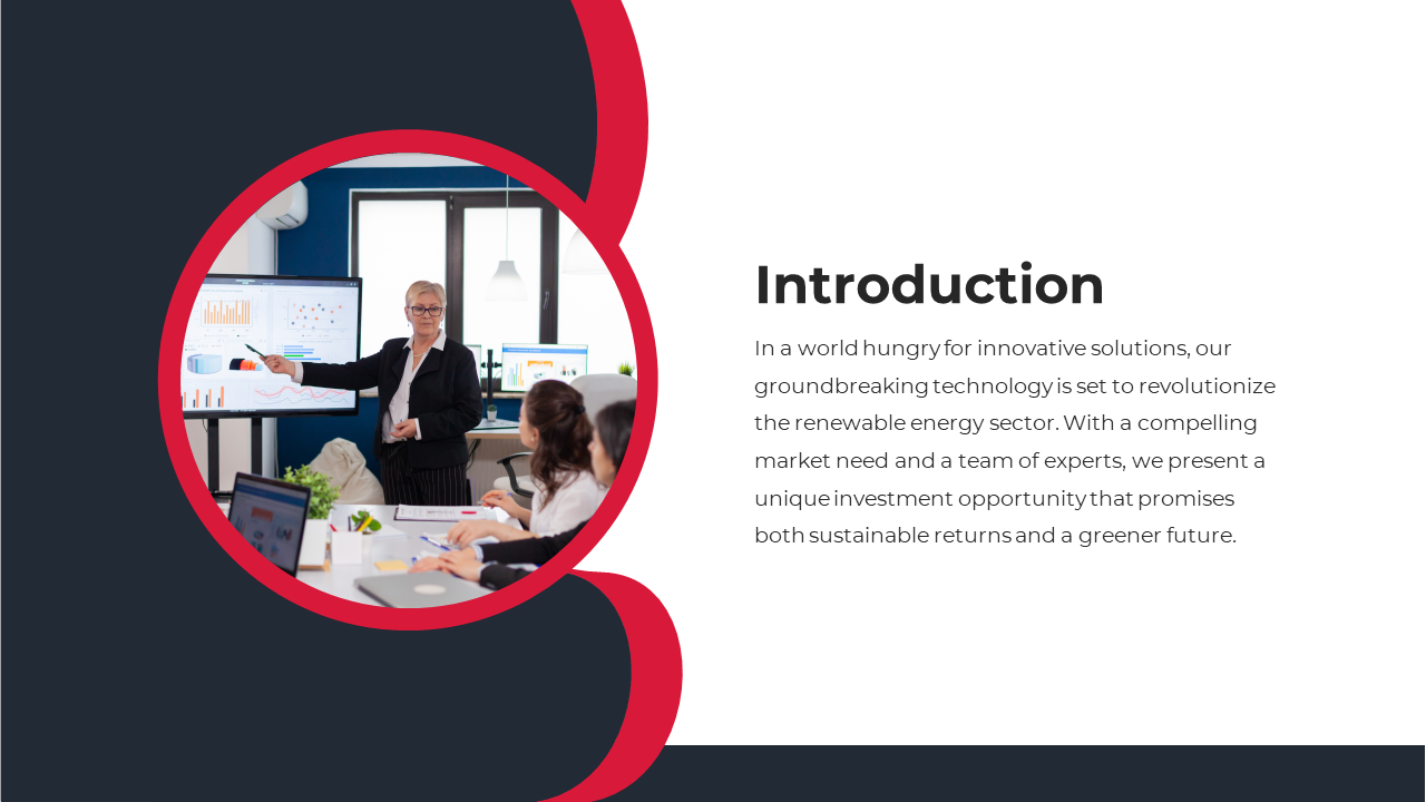 Introduction slide with a dark and white background, and a circular red framed image of a businesswoman presenting data.