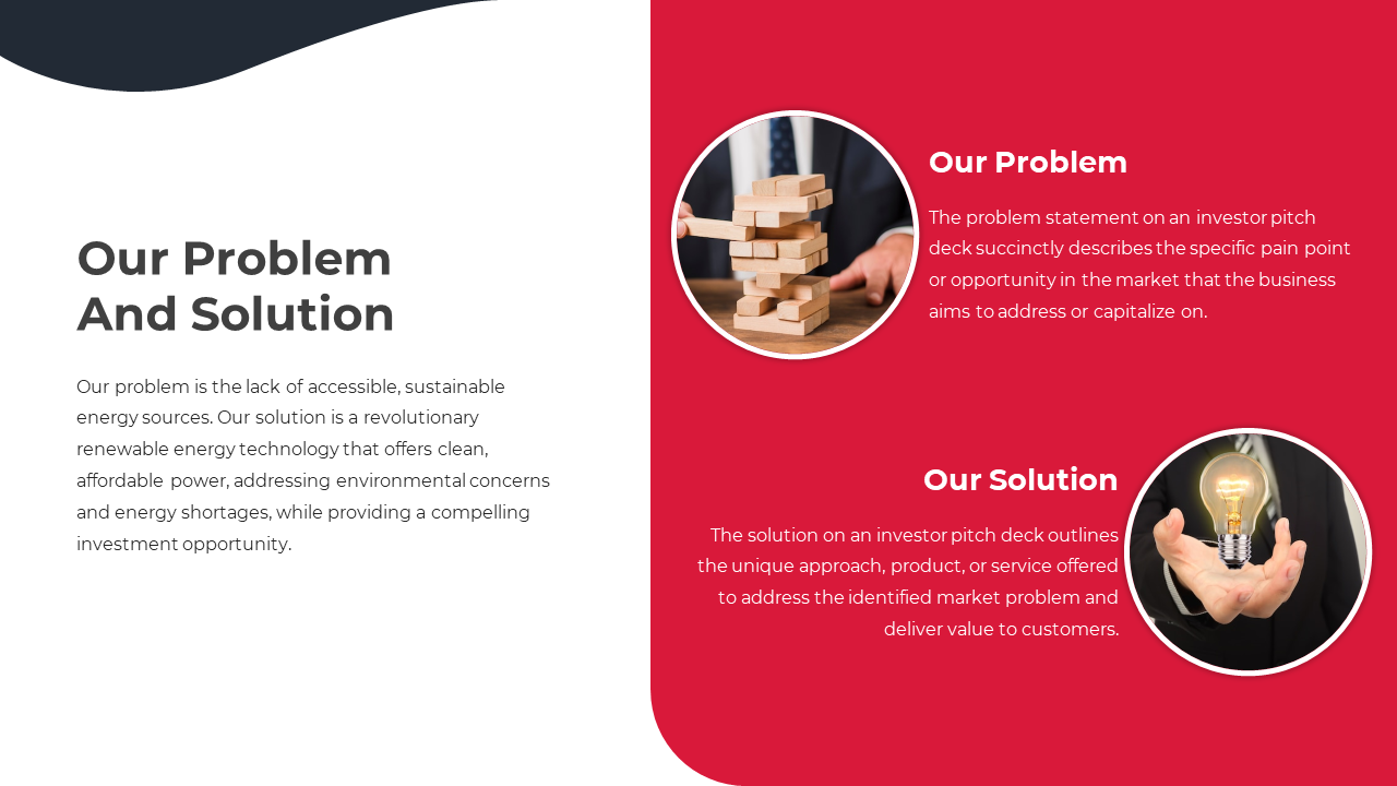 Problem and solution slide with white and red backdrop, featuring text and circular images of a jenga tower and a lightbulb.