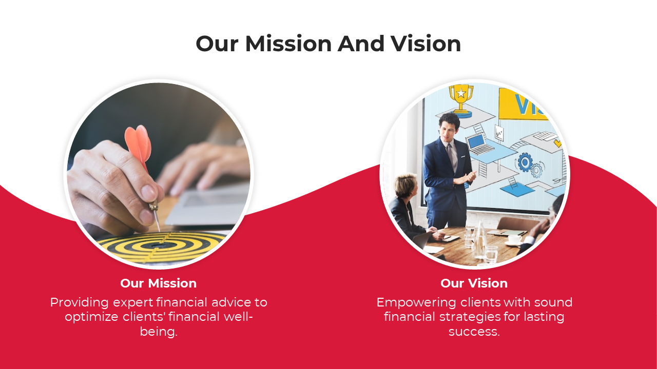 Mission and vision slide with two circular images of a dartboard and a business meeting, on a red wave design.