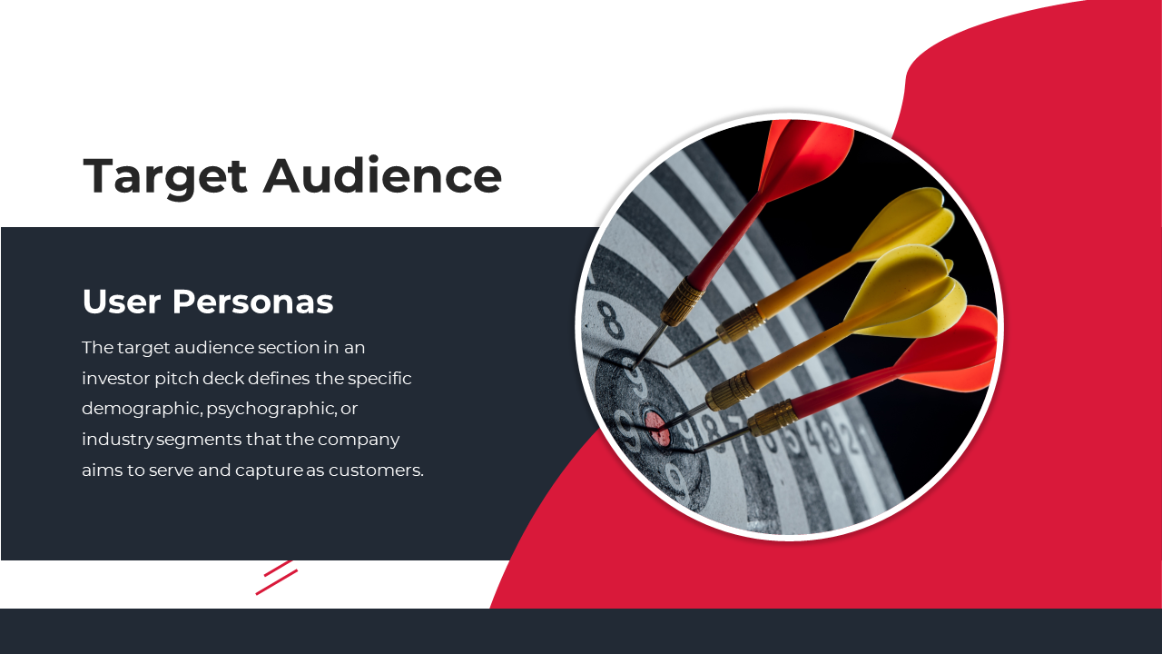 Target audience slide with a dark and red theme, featuring a circular image of darts hitting the bullseye on a dartboard.