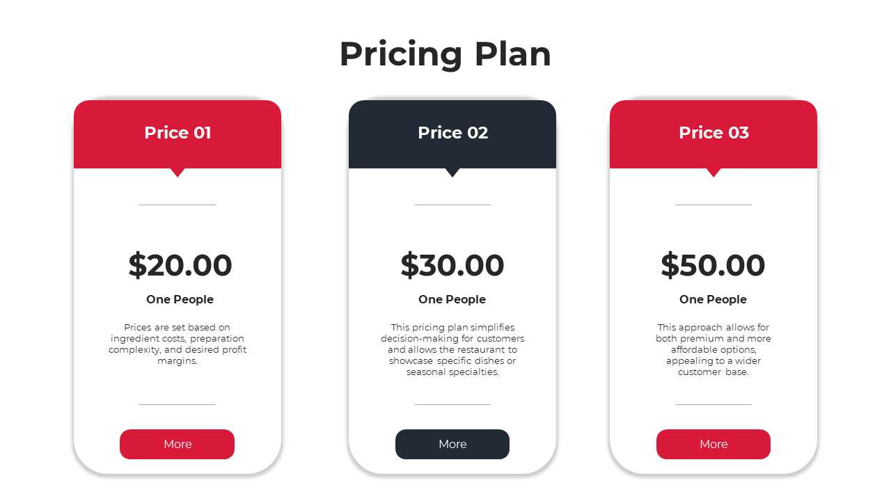 Modern pricing table with three rounded cards, red and dark themes, showing different price options and descriptions.