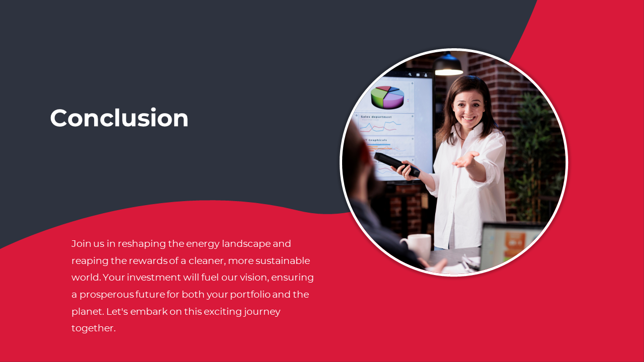 Conclusion slide with dark and red background, white text, and a circular image of a woman presenting data on a screen.