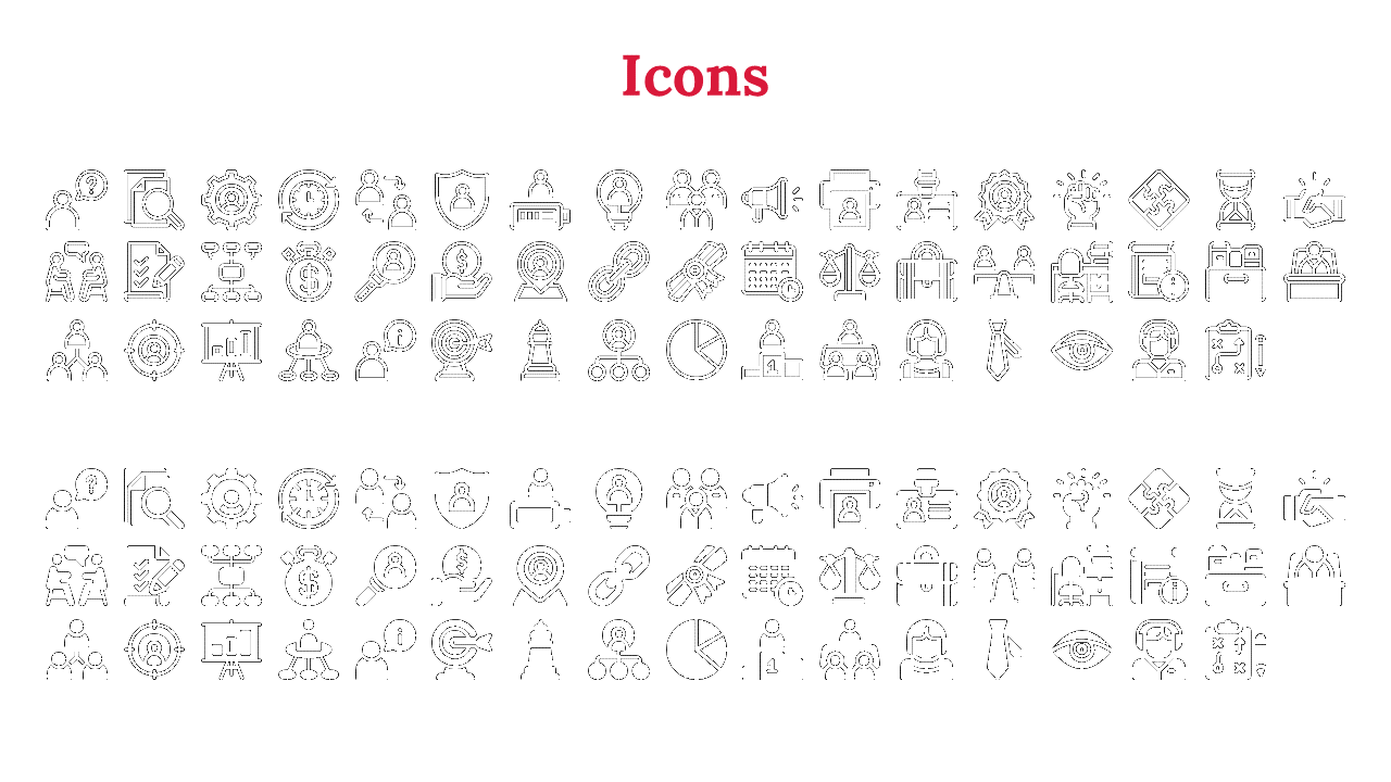 Slide featuring a collection of business and tech related icons, with outline and filled versions displayed separately.