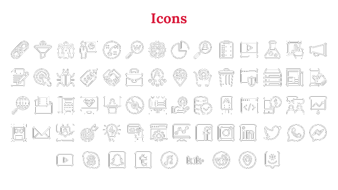 White background slide with a red heading and multiple black outline icons representing business, tech, and social media.
