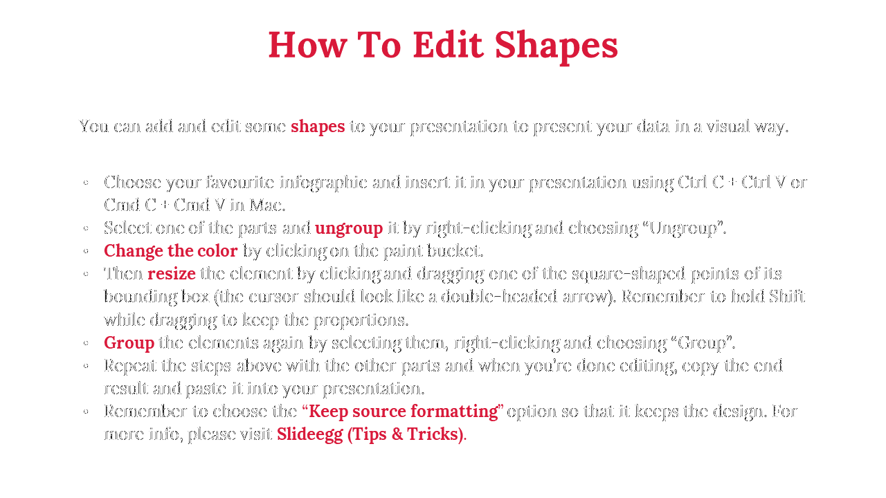 Instructional slide with red headings, black text, and highlighted terms explaining shape editing in presentations.