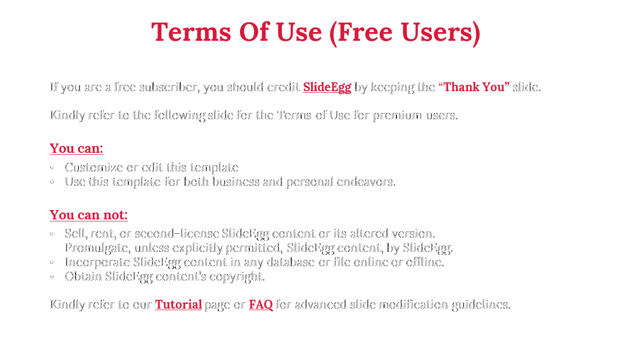 Slide detailing terms of use for free users, with structured bullet points, red subheadings, and highlighted title.