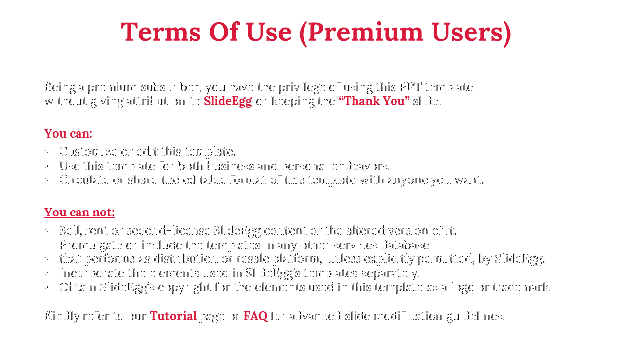 Terms of use slide with a red heading, black text, and bold subheadings on a white background with bullet points.