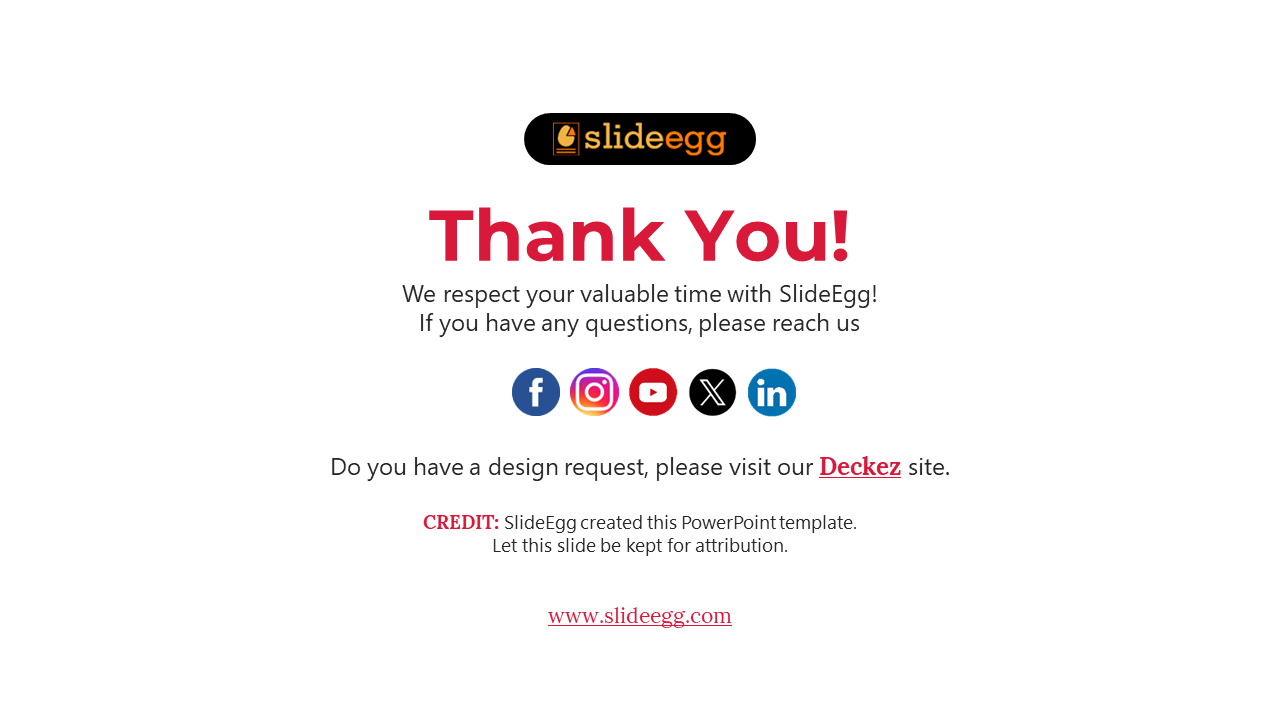 Centered thank you slide with red and black text, social media icons, and a black logo button on a white background.