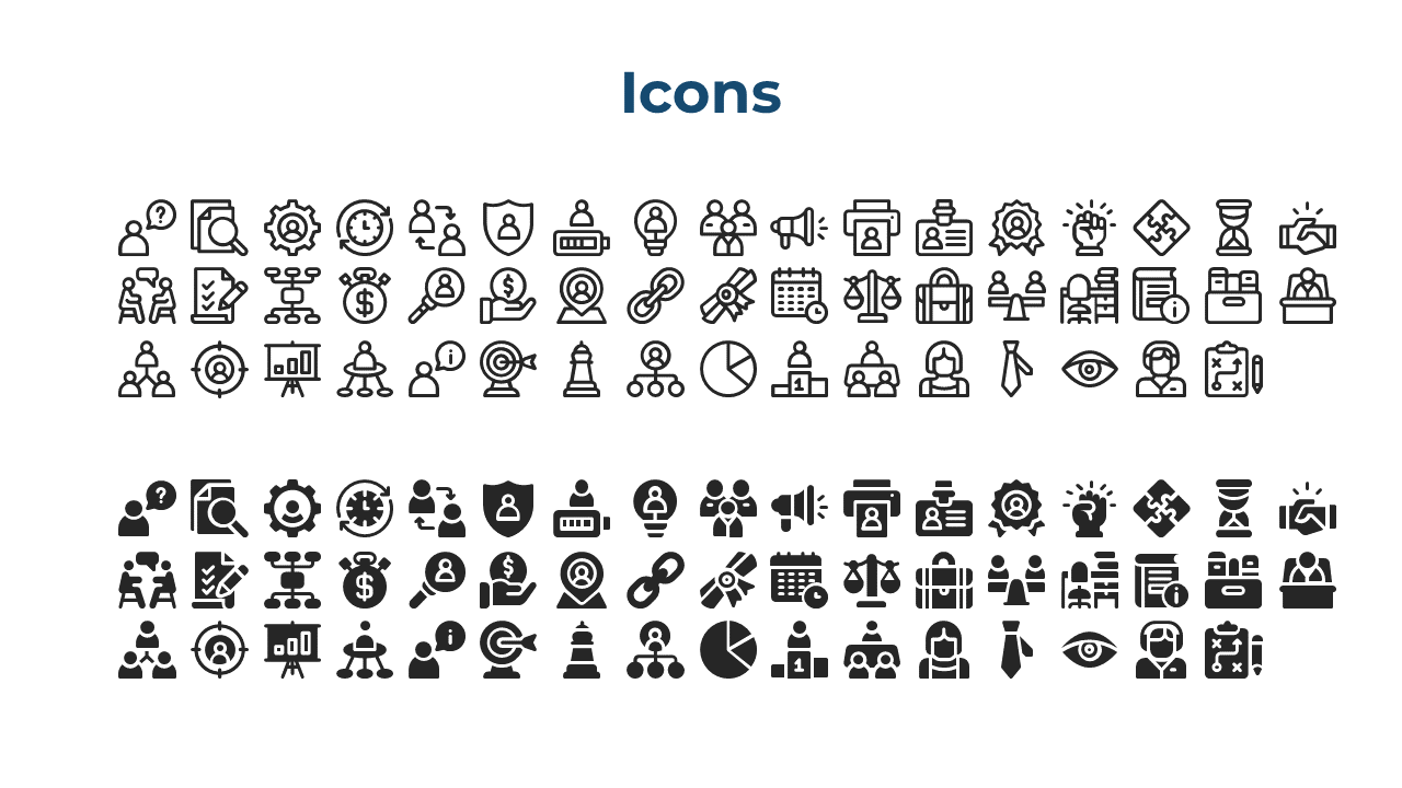 A collection of various business related icons, including people, analysis, finance, and workflow symbols on a white backdrop.