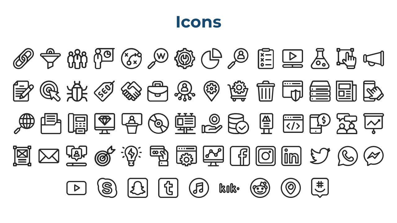 A collection of business related icons, including SEO, social media platforms, analytics, and communication tools.