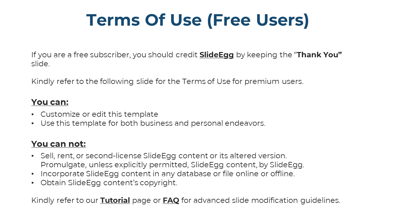 A slide explaining the terms of use for free users of SlideEgg templates, highlighting permissible and prohibited actions.
