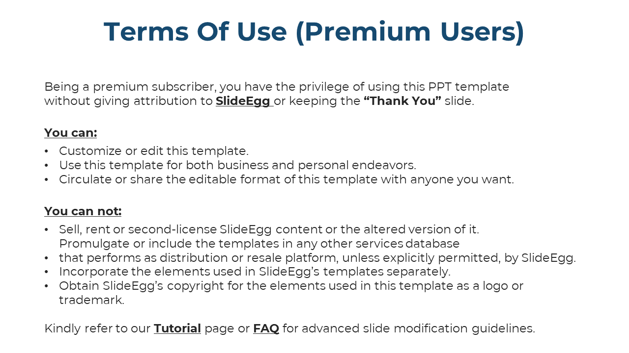Premium user terms for SlideEgg template, explaining the rights to customize, distribute, and share with certain limitations.