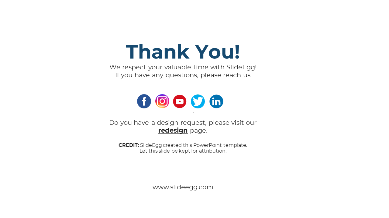 Thank you page for SlideEgg templates, featuring social media icons and a link for design requests, with attribution.