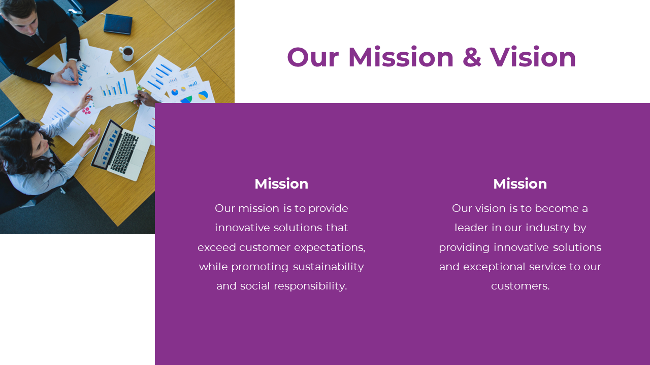Mission and vision slide with a purple rectangle overlay, on a white background, and a top view meeting image.