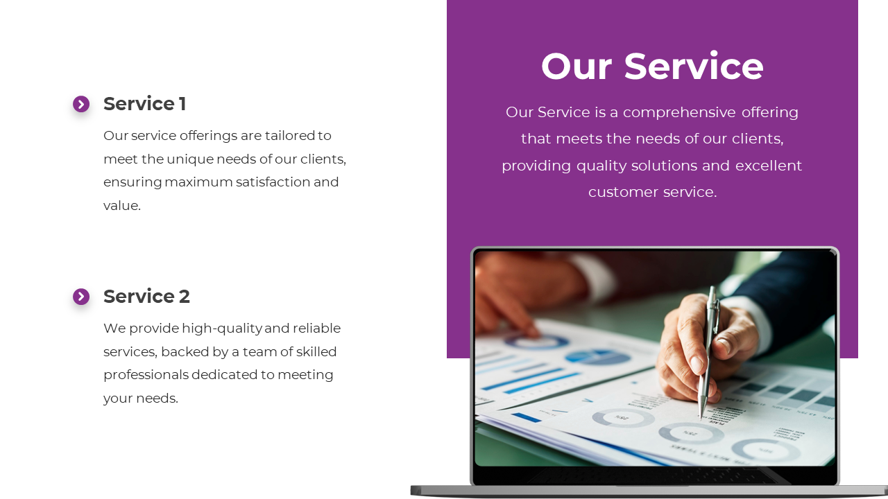 Service overview slide with a purple section, an image showing financial reports, and two descriptions on the left.