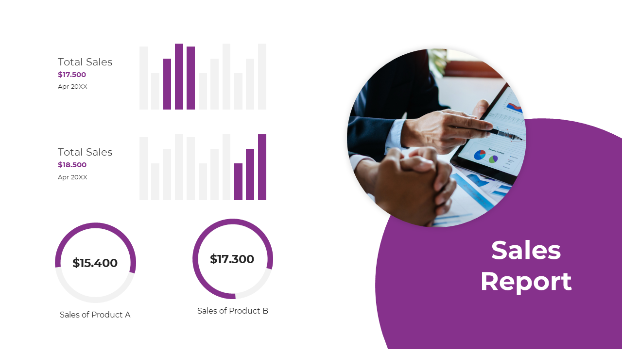 Slide featuring purple accented bar charts, two circular sales graphs, and a round image of a discussion with a tablet.