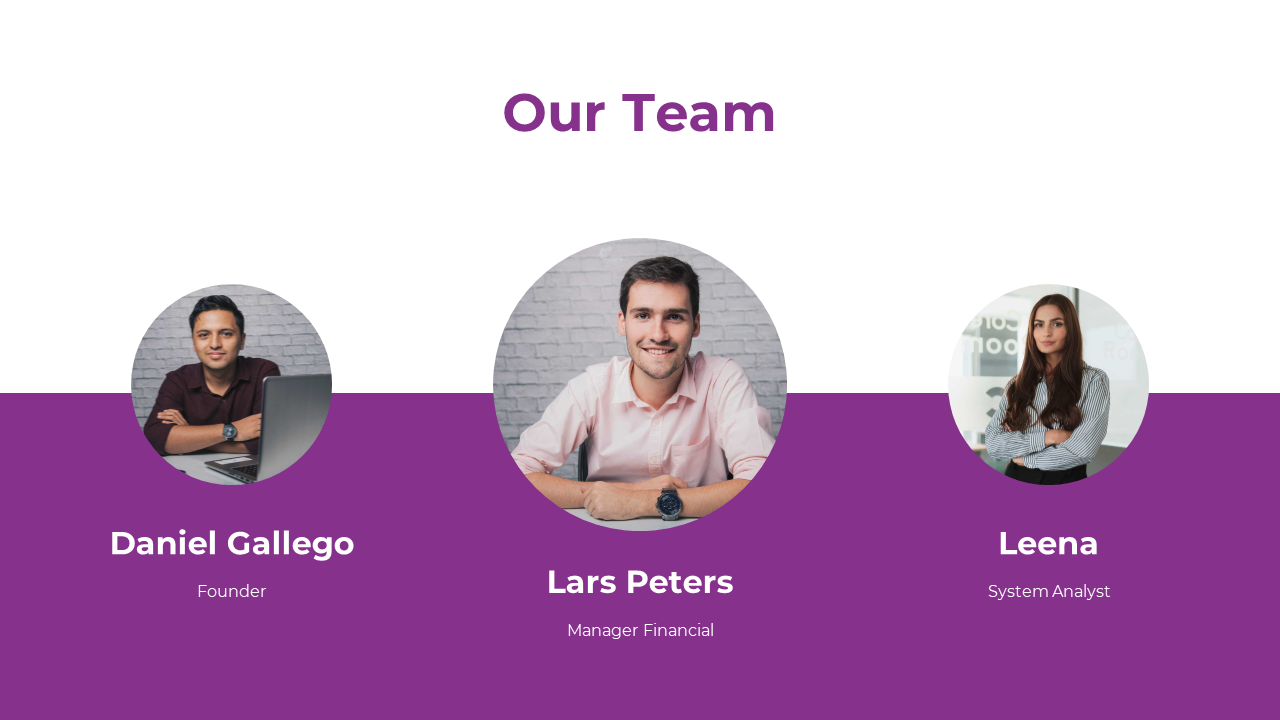 Three circular portraits of team members, on a purple curved background and white text displaying names and roles.