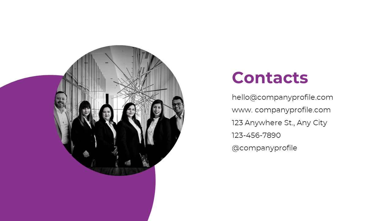 Contact information slide with a monochrome team photo inside a circular frame, set against a white and purple background.