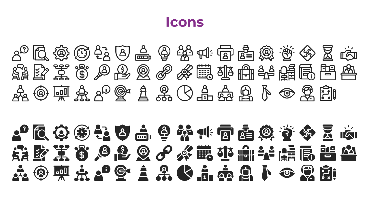 Collection of business, management, and planning icons in two different styles, neatly arranged under the purple title.