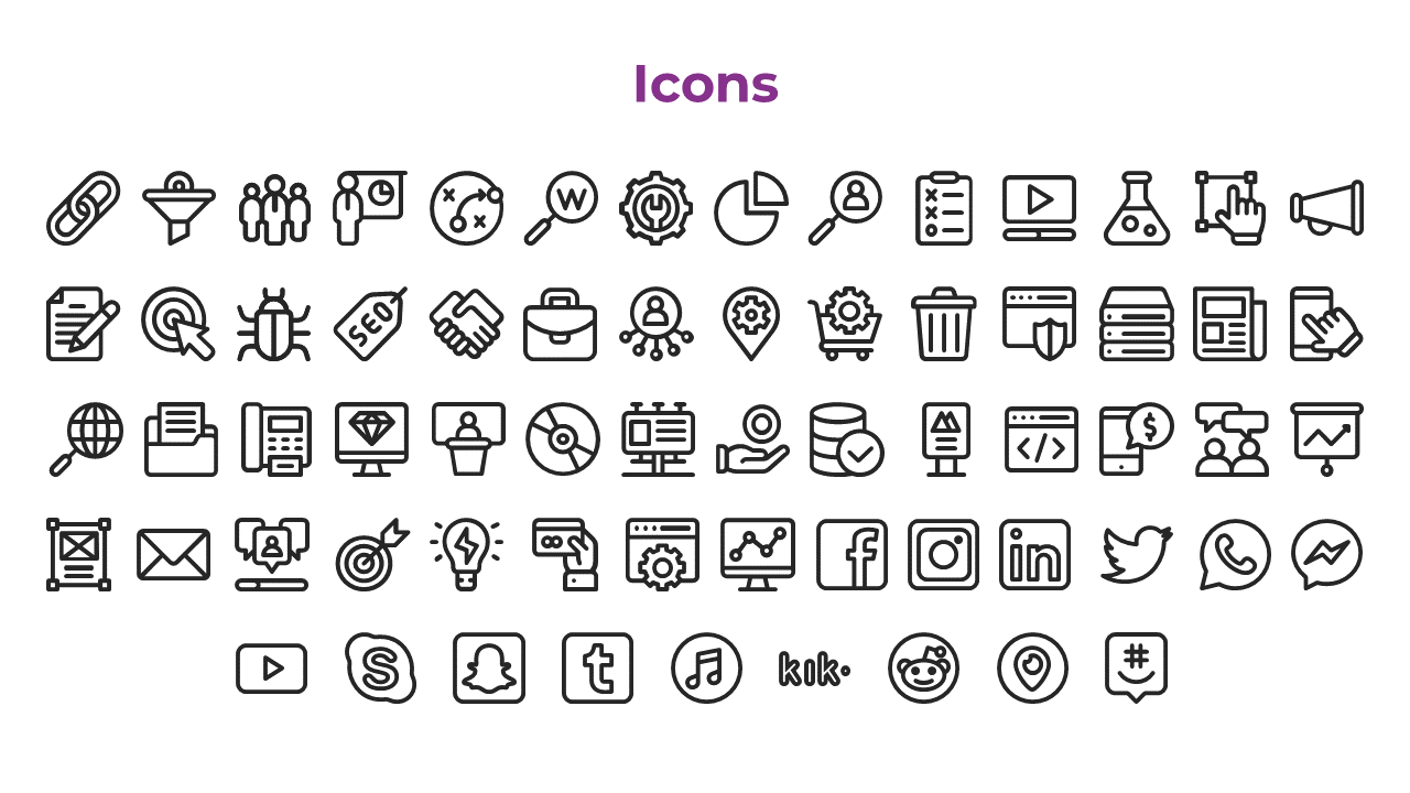Icon set slide featuring business, communication, and digital media symbols arranged in rows under a purple heading.