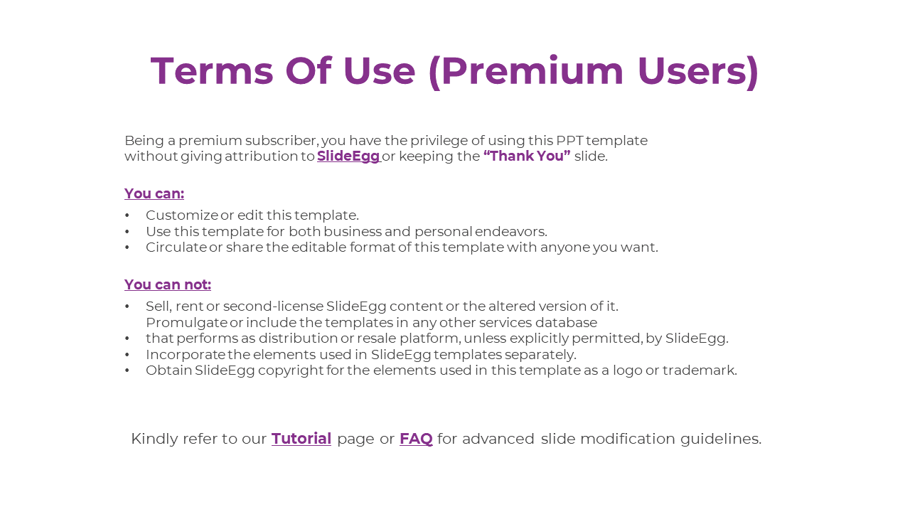 Terms of use slide for premium users with a purple heading, outlining permitted and restricted uses of the PPT.