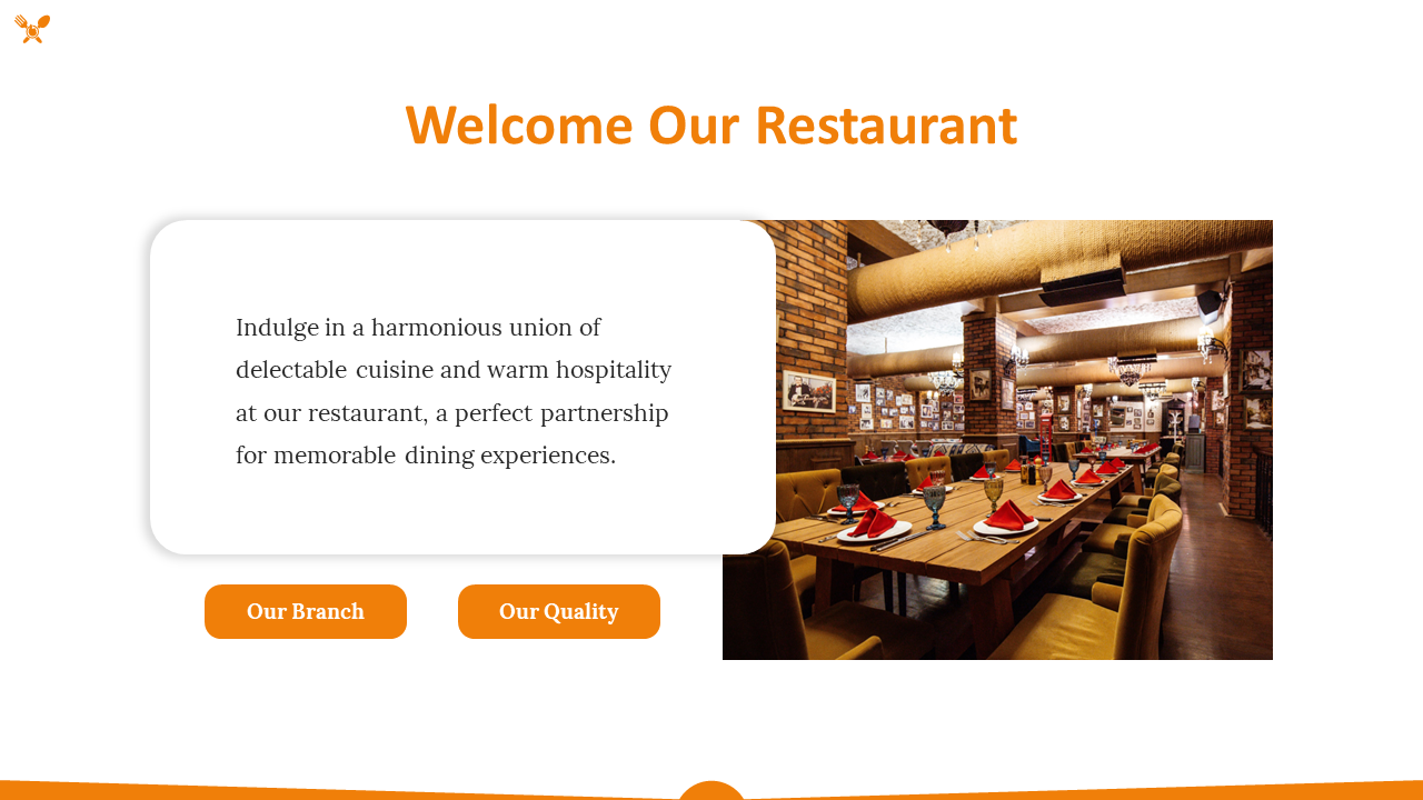 Welcome screen for a restaurant featuring a cozy dining hall with wooden tables, red napkins, and vintage decor.