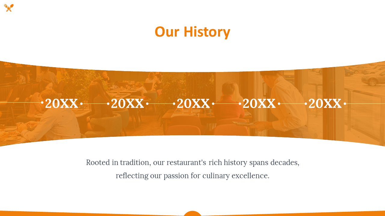 Restaurant history timeline with years marked as 20XX, on a curved design with an orange themed dining background.